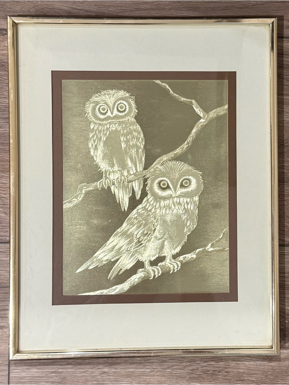 Vintage manifestations Handmade Owl Art Print in Gold and Brown Framed 11x14